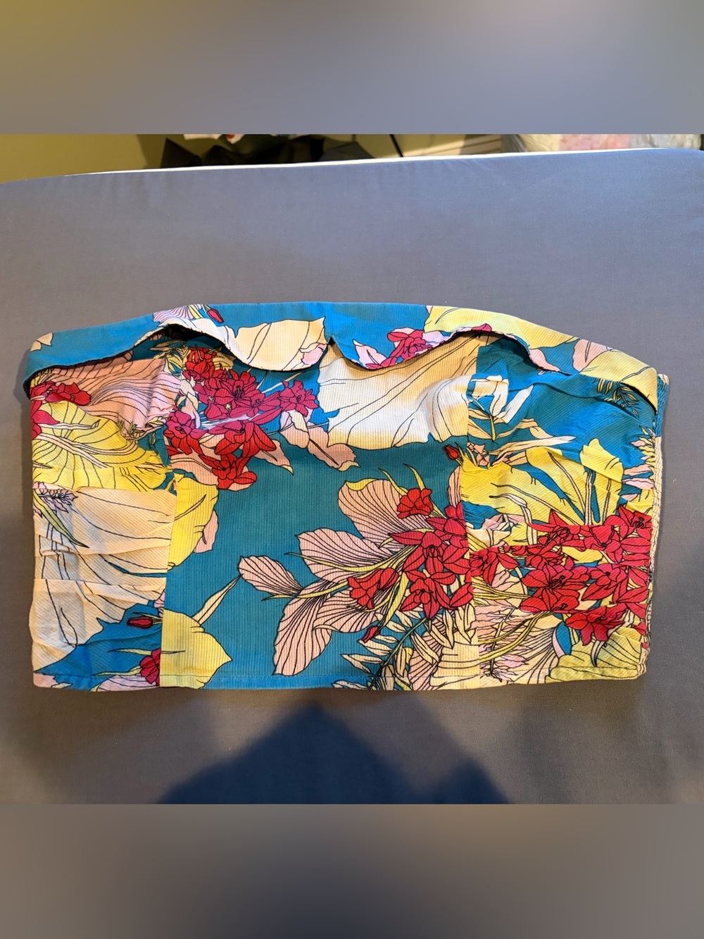 Kimchi Blue Floral Strapless Crop Top in Teal, Yellow & Red